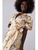 Floral print wrap dress with a collar, yellow FG638 - Online store - Boutique